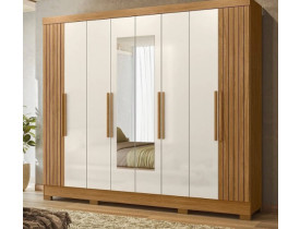 Guarda-roupa Casal Frisado 8 Portas 4 Gavetas com Espelhos e Pés Diplomata Freijó Frisado/off