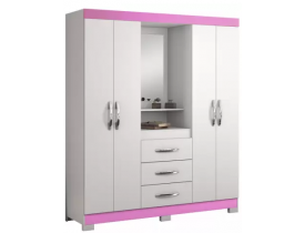Guarda-Roupa Infantil 4 Portas 3 Gavetas com Espelho Nt5015 Flex Rosa/Branco - DEMOBILE