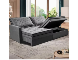 Sofá 3 Lugares Cama inBox Marselha com 180 cm de Largura, Retrátil, com Baú e Revestimento Suede Velusoft - Cinza