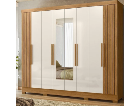Guarda-roupa Casal Frisado 8 Portas 4 Gavetas com Espelhos e Pés Diplomata Freijó Frisado/Off White