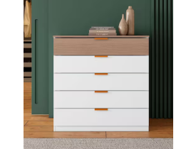 Cômoda Bartira Diplomata + 5 Gavetas Trava de Segurança e Espaço para TV de até 42" - 90cm de Largura - Branco/Avelã