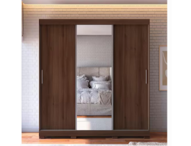 Guarda-Roupa Bartira Ventura com Espelho, 3 Portas de Correr e 4 Gavetas - 205,5cm de largura - Café