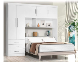 Guarda Roupa Casal com Cabeceira Baú 5 Portas 3 Gavetas e Prateleiras Cancun Siena Móveis Branco