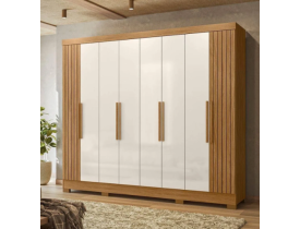 Guarda-roupa Casal Frisado 8 Portas 4 Gavetas com Espelhos e Pés Diplomata Freijó Frisado/off